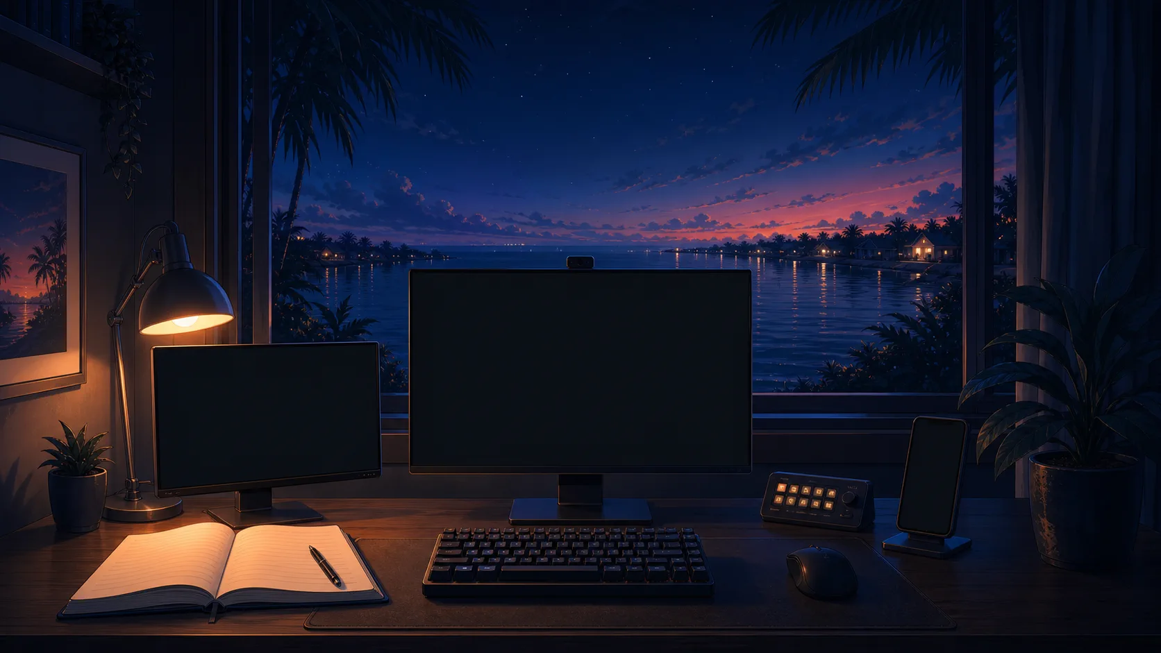 An illustrated developer desk overlooking a Florida inlet at night